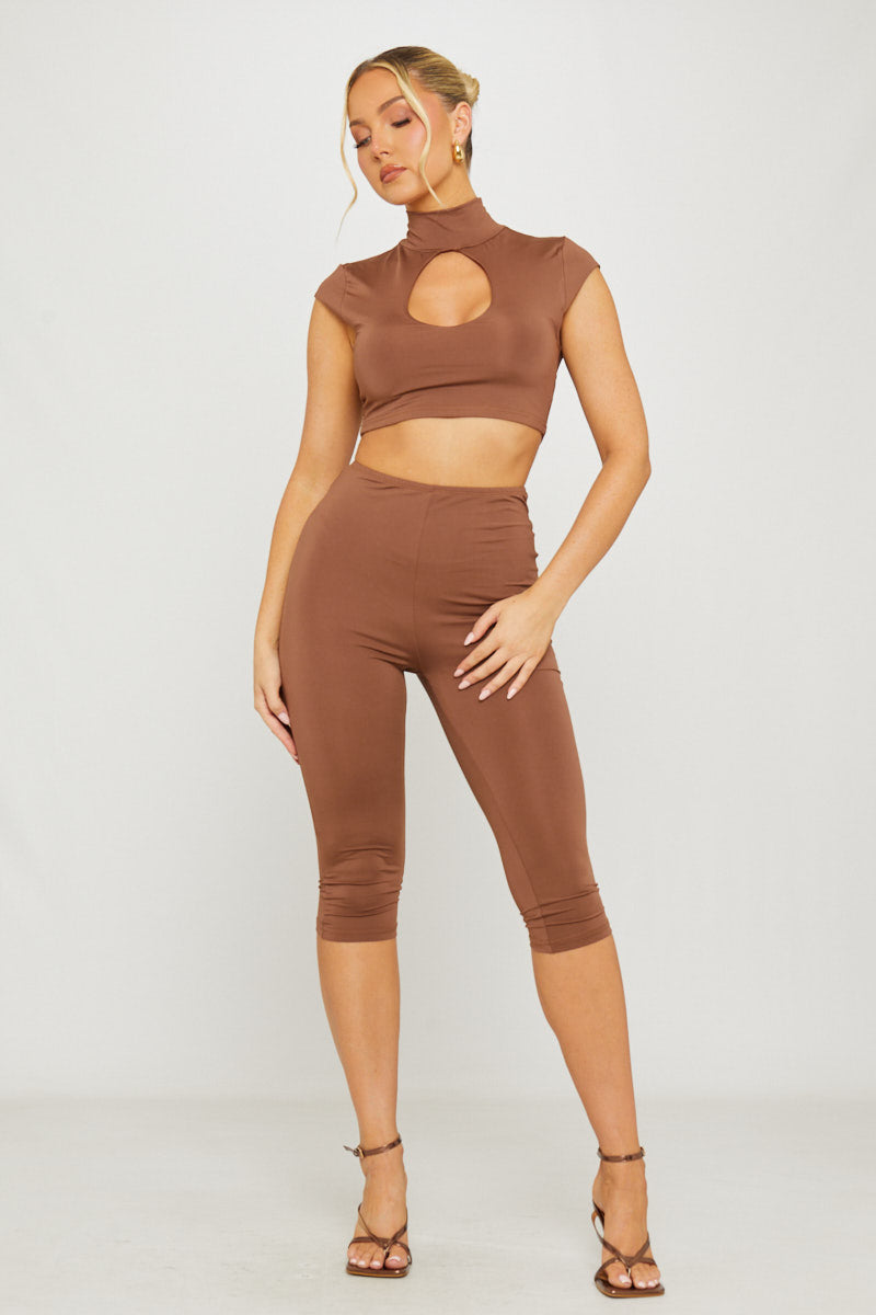 Brown High Neck Cut Out Capri Co-Ord