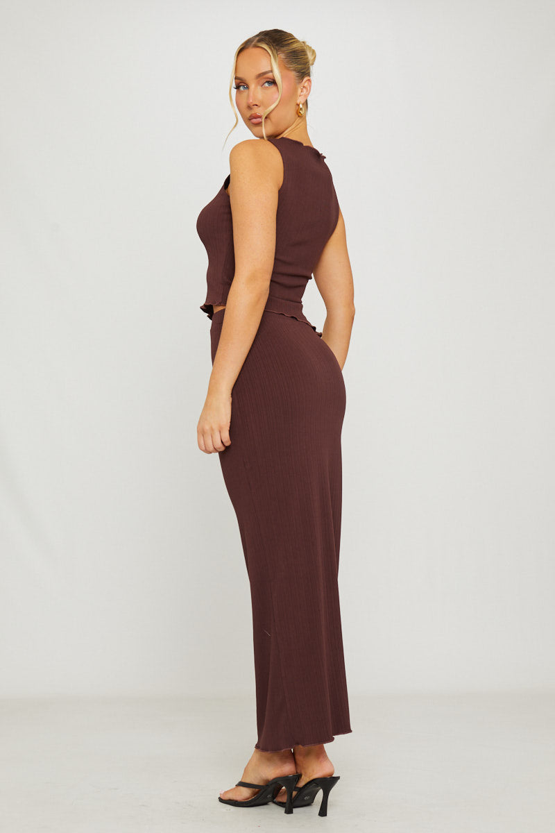 Brown Ribbed Asymmetric Top & Maxi Skirt Co-Ord