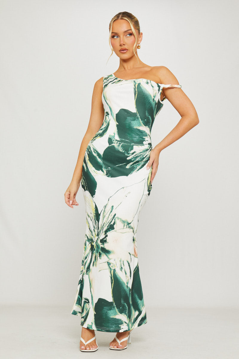 Green Floral Print Asymmetric One Shoulder Maxi Dress