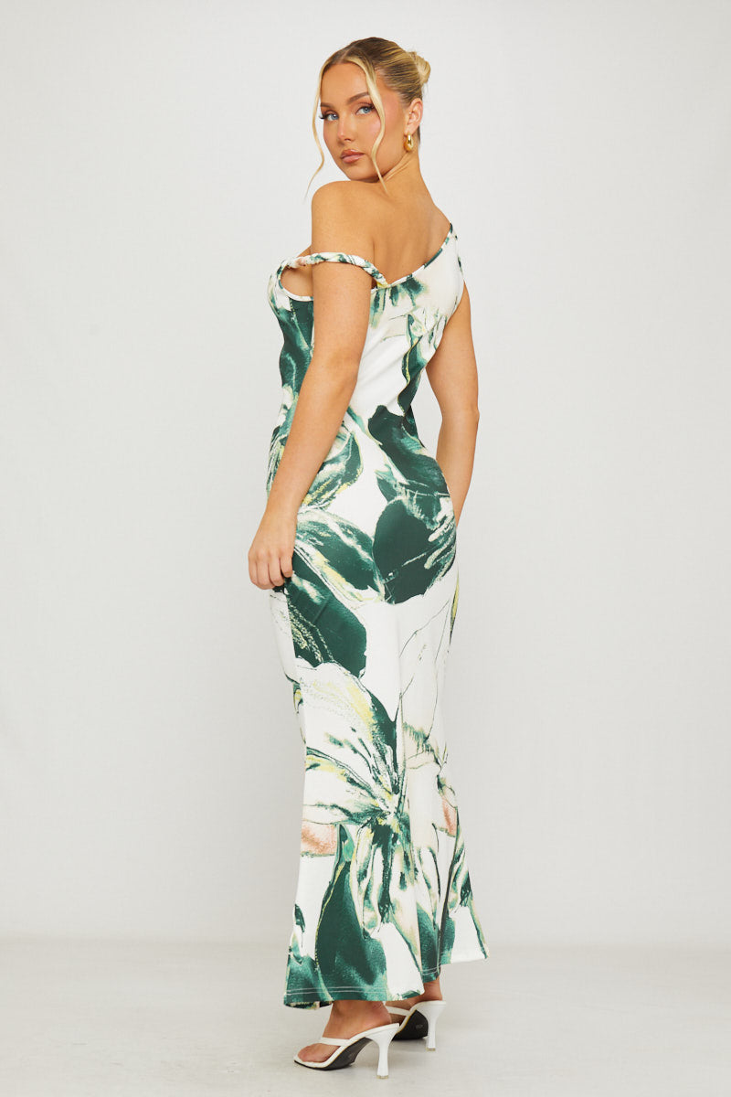 Green Floral Print Asymmetric One Shoulder Maxi Dress