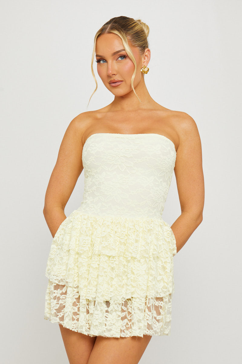 Lemon Lace Strapless Ruffle Detail Mini Dress