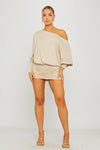 Cream Off Shoulder Ruched Batwing Mini Dress