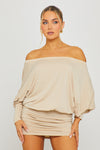 Cream Off Shoulder Ruched Batwing Mini Dress