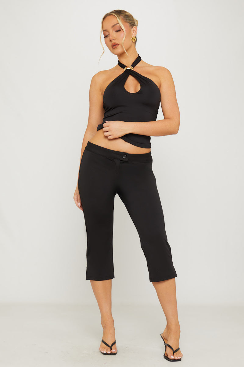 Black Low Rise Button Up Capri Pants