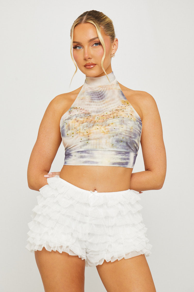 Cream High Neck Butterfly Print Diamante Crop Top