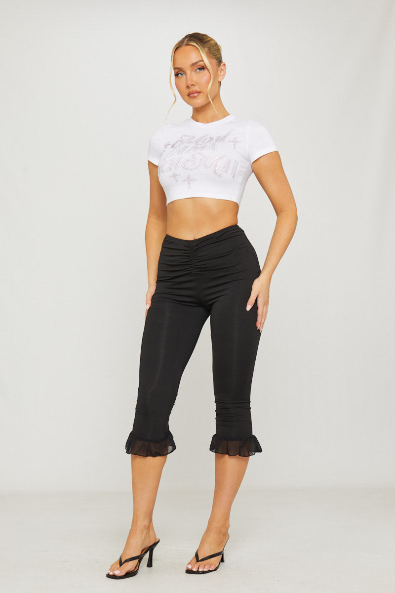 Black Ruched Frill Hem Capri Leggings