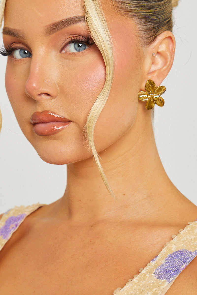 Gold Petal Flower Drop Earrings