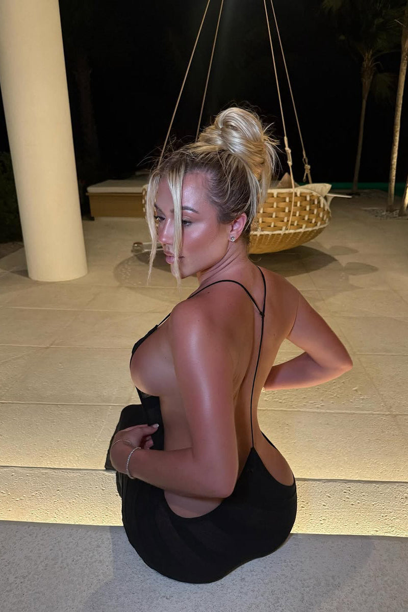 Black Sheer Striped Knit Backless Maxi Dress