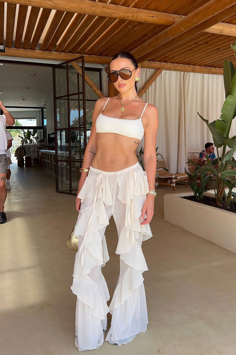 Cream Chiffon Sheer Ruffle Flared Trousers 