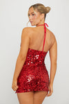 Wine Sequin Halter Neck Open Back Mini Dress