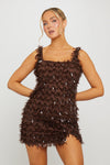 Brown Sequin Embellished Split Detail Mini Dress