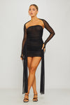 Black Ruched Mesh Double Layered Draped Mini Dress