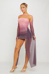 Purple Ruched Mesh Double Layered Draped Mini Dress