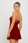 Wine Velvet Fold Over Strapless Mini Dress