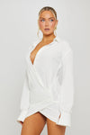 White Plunge Neck Draped Long Sleeve Mini Dress
