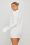 White Plunge Neck Draped Long Sleeve Mini Dress