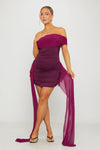 Purple Off Shoulder Ruched Draped Mini Dress