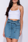 Light Blue Paperbag Waist Frayed Denim Mini Skirt