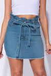 Light Blue Paperbag Waist Frayed Denim Mini Skirt