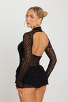 Black Lace Frill Detail High Neck Mini Dress