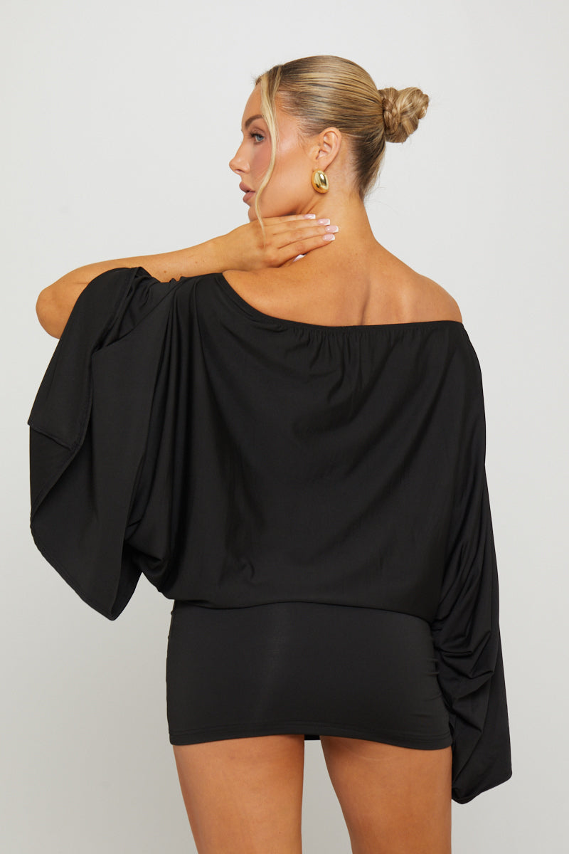 Black Off Shoulder Batwing Top & Mini Skirt Co-Ord