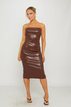 Brown Faux Leather Strapless Bodycon Midi Dress