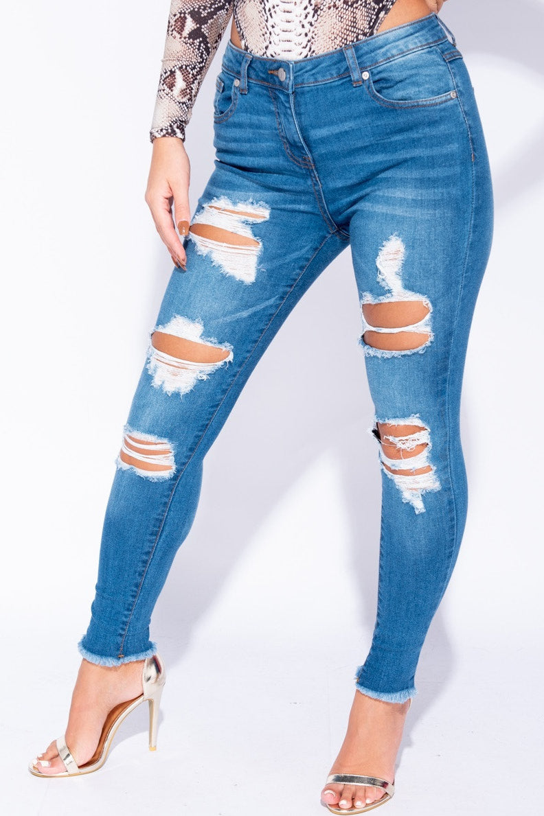Mid Blue Frayed Hem Ripped Mid Rise Skinny Jeans