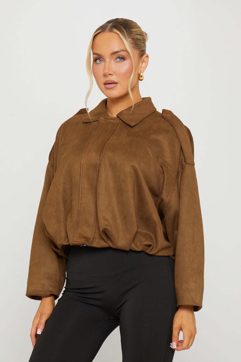 Dark Brown Suede Oversized Bomber Jacket