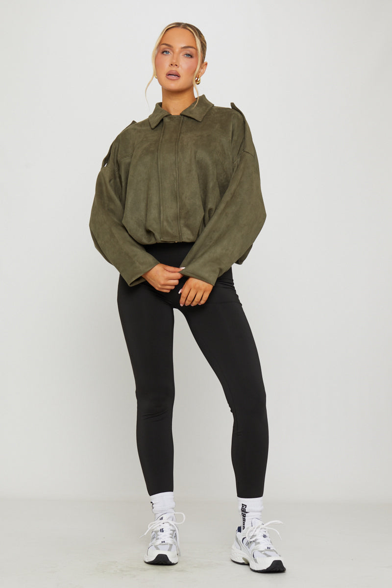 Khaki Suede Oversized Bomber Jacket