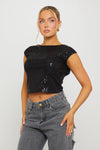 Black Sequin Detail Cap Sleeve Backless Crop Top