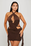 Brown Halter Neck Cut Out Open Back Mini Dress