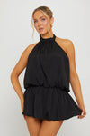 Black High Neck Open Back Puff Ball Mini Dress