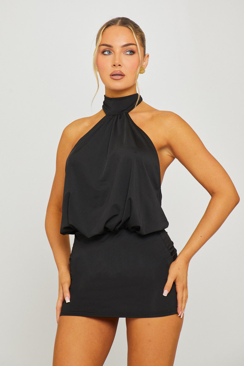 Black Halter High Neck Open Back Mini Dress