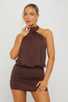 Brown Halter High Neck Open Back Mini Dress