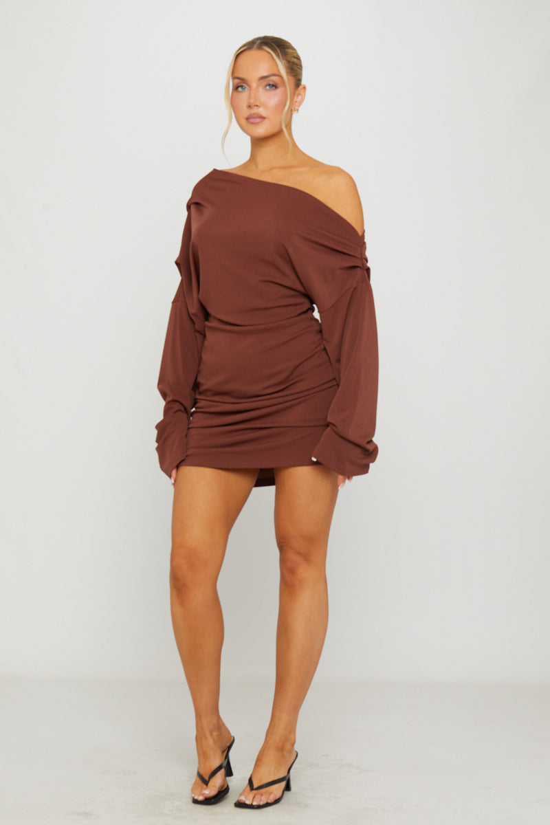 Brown One Shoulder Draped Long Sleeve Mini Dress