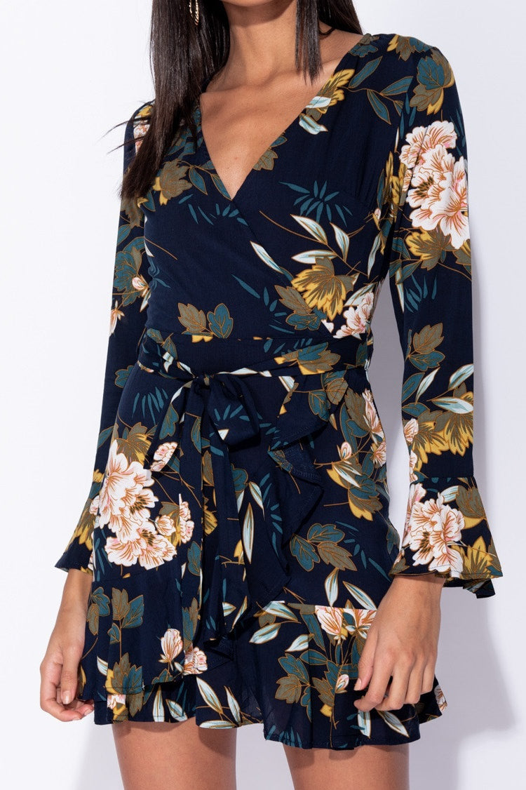 Navy Floral Wrap Front Frill Sleeve Tie Mini Dress