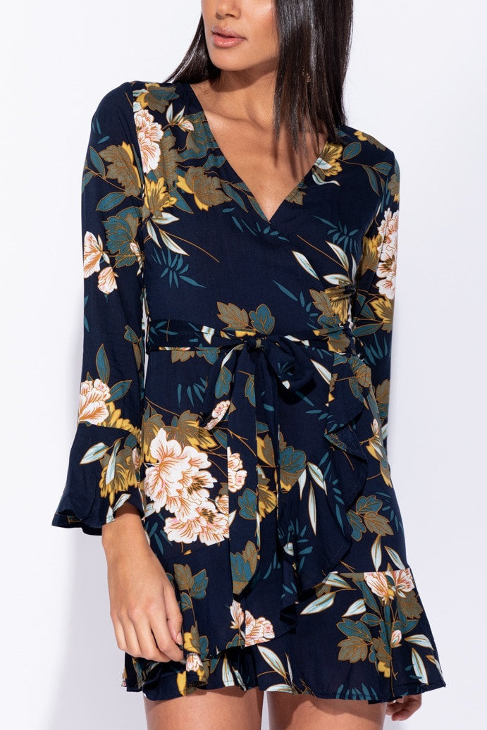 Navy Floral Wrap Front Frill Sleeve Tie Mini Dress