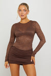 Brown Ruched Lace Long Sleeve Mini Dress