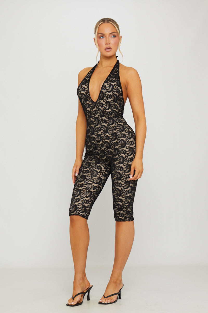 Black Lace Plunge Open Back Capri Jumpsuit