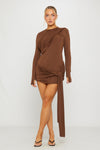Brown Draped Long Sleeve Bodycon Mini Dress