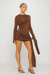 Brown Draped Long Sleeve Bodycon Mini Dress