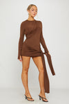 Brown Draped Long Sleeve Bodycon Mini Dress