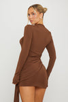 Brown Draped Long Sleeve Bodycon Mini Dress