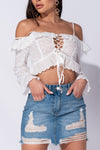 White Broderie Anglaise Lace Tie Front Frill Crop Top