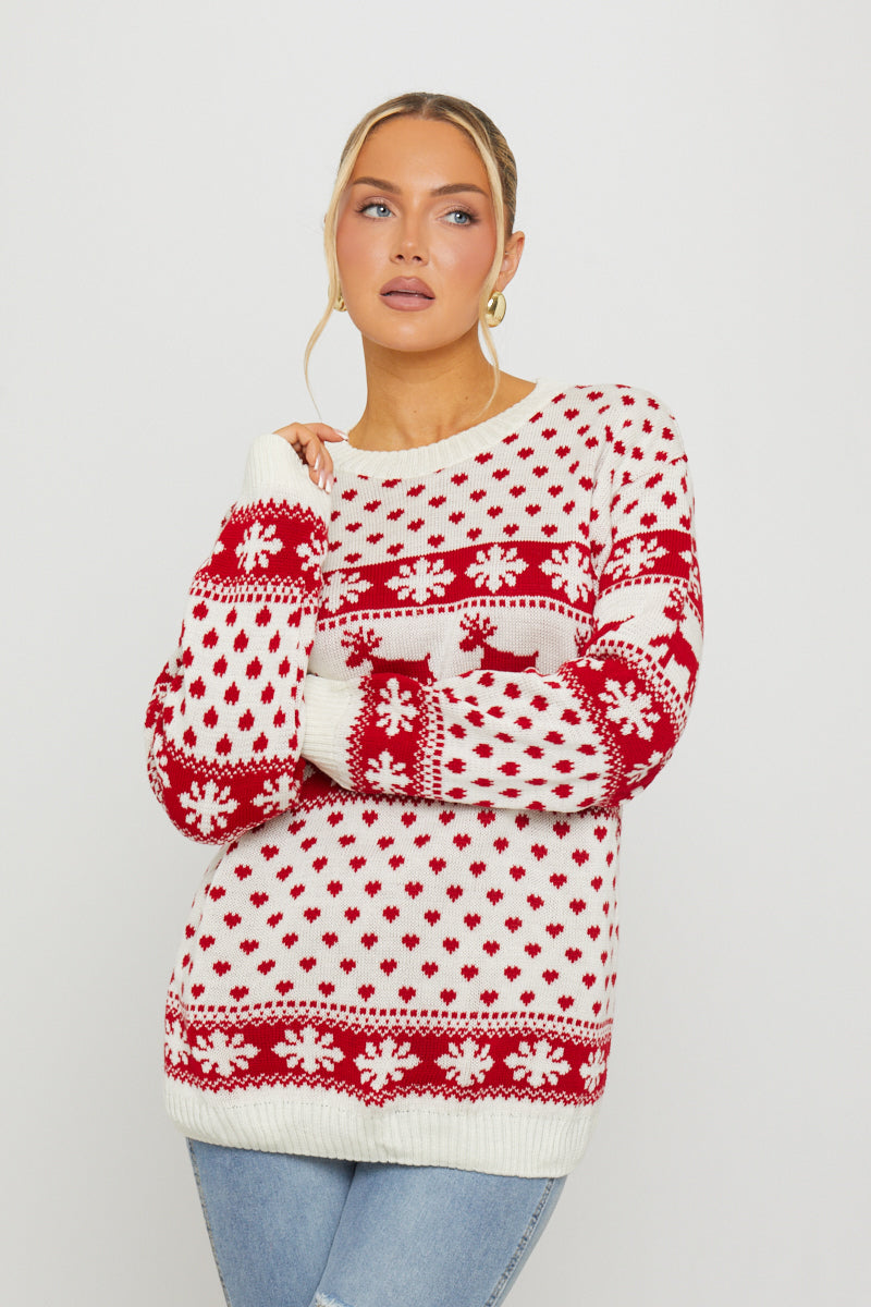 Cream Knitted Snowflake Reindeer Christmas Jumper