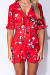 Red Floral Frill Detail Tie Front Mini Dress