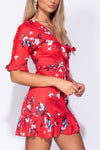 Red Floral Frill Detail Tie Front Mini Dress