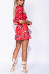 Red Floral Frill Detail Tie Front Mini Dress