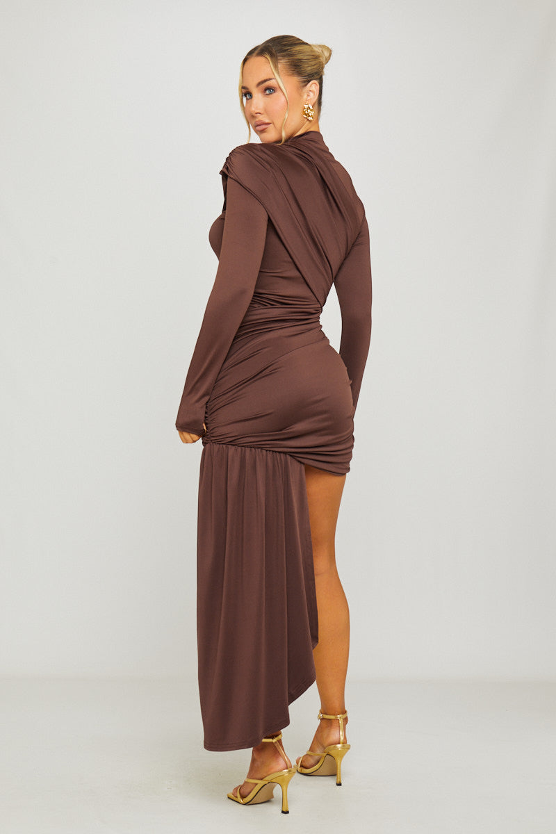 Brown High Neck Long Sleeve Draped Mini Dress