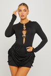 Black Cut Out Embellished Draped Detail Mini Dress